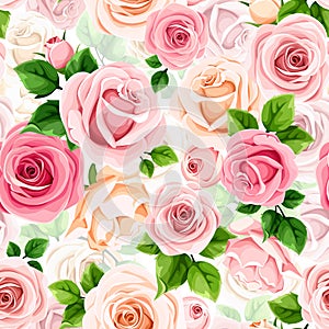 Floral seamless pattern with pink and white roses. Vector floral print