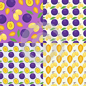 Floral seamless pattern with plums nature fruit harvest vegetarian vitamin sweet berry background. Vector illustration