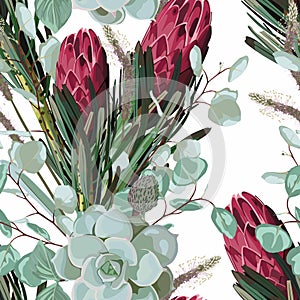 Floral Seamless pattern. Protea Sugarbushes flowers, exotic palm leaf, eucaliptus and herbs.