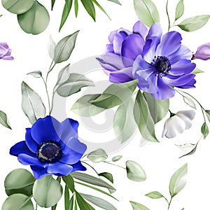 Floral seamless pattern on purple background. Watercolor illustration with garden white, lilac flowers, leaves