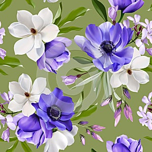 Floral seamless pattern on purple background. Watercolor illustration with garden white, lilac flowers, leaves