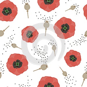 Floral seamless pattern with red poppies and seeds. Vector.