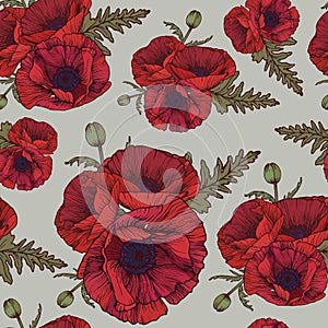 Floral seamless pattern with red poppies photo