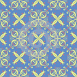 Floral seamless pattern. Red and yellow flower elements on blue background
