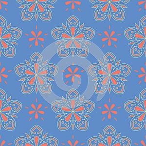 Floral seamless pattern. Red and yellow flower elements on blue background