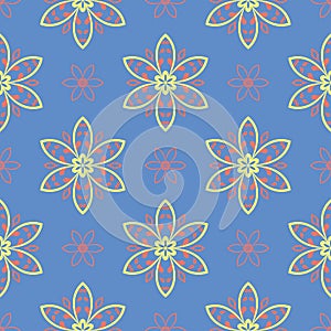 Floral seamless pattern. Red and yellow flower elements on blue background