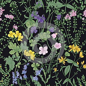 Floral seamless pattern with romantic blossoming wild flowers and meadow flowering herbaceous plants on black background