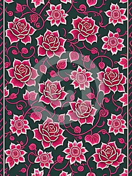 Floral seamless pattern with roses on black background. Vector illustration.