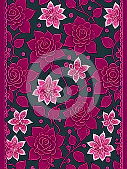 Floral seamless pattern with roses on black background. Vector illustration.