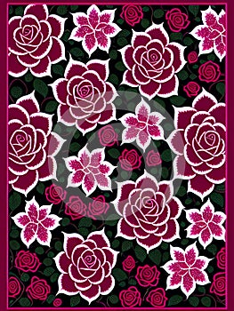 Floral seamless pattern with roses on black background. Vector illustration.