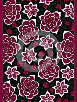 Floral seamless pattern with roses on black background. Vector illustration.