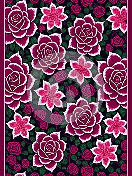 Floral seamless pattern with roses on black background. Vector illustration.