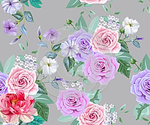 Floral seamless pattern,Roses,magnolia,for get me not and lace on green background