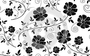 Floral seamless pattern silhouette balck white vintage retro style flower texture