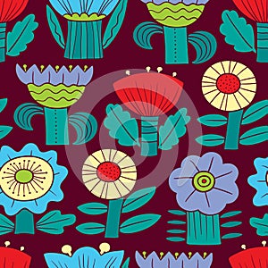 Floral seamless pattern. Silhouettes of abstract flowers and leaves.Vector background