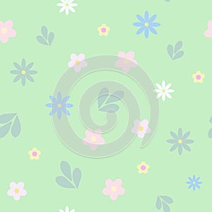 Floral seamless pattern, simple ornament of white daisy flowers in random order on the light green background