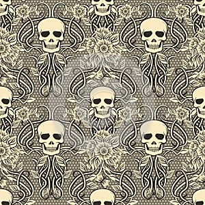 Floral seamless pattern with skull in art nouveau style