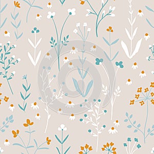 Floral seamless pattern of small flowers. Vector illustration in simple hand-drawn Scandinavian style. The limited pastel palette