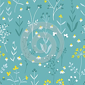 Floral seamless pattern of small flowers. Vector illustration in simple hand-drawn Scandinavian style. The limited pastel palette