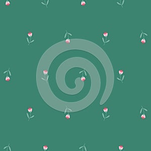 Floral Seamless Pattern of Sparse Pink Tiny Flowers on Viridian Green Background