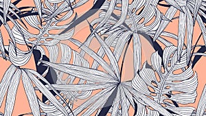 Floral seamless pattern, split-leaf Philodendron and palm leaves on orange, line art ink drawing photo