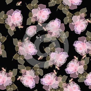 Floral seamless pattern with a sprigs of gently pink roses and small hearts on a black background. Printing for fabric