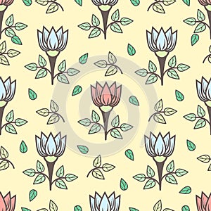 Floral seamless pattern, stylish colorful blooming background. Cute pink and blue flower buds on stems with green leaves on yellow