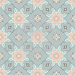Floral seamless pattern with a symmetrical delicate design. Rose flower, leaves. Unique handmade pattern.