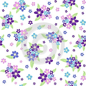 Floral seamless pattern with titian, lavender, blue, purple chamomile flower and leaves on pastel background