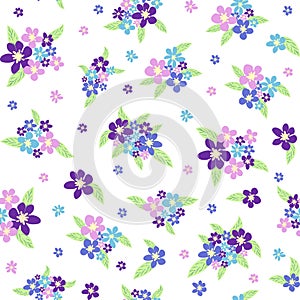 Floral seamless pattern with titian, lavender, blue, purple chamomile flower and leaves on pastel background