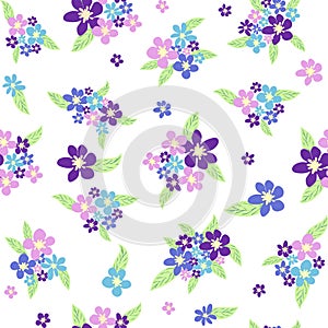 Floral seamless pattern with titian, lavender, blue, purple chamomile flower and leaves on pastel background