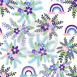 Floral seamless pattern with titian, lavender, blue, purple chamomile flower and leaves on pastel background