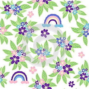 Floral seamless pattern with titian, lavender, blue, purple chamomile flower and leaves on pastel background