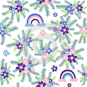 Floral seamless pattern with titian, lavender, blue, purple chamomile flower and leaves on pastel background