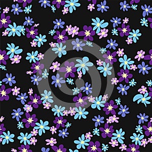 Floral seamless pattern with titian, lavender, blue, purple chamomile flower and leaves on pastel background