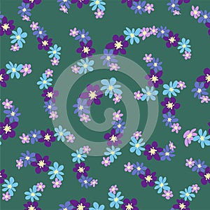 Floral seamless pattern with titian, lavender, blue, purple chamomile flower and leaves on pastel background