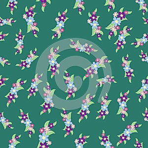 Floral seamless pattern with titian, lavender, blue, purple chamomile flower and leaves on pastel background