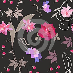 Floral seamless pattern with treble clef and stylized chord in shape of flowers, red rose, buds, branch of virgin vine