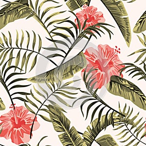 Floral seamless pattern tropical flowers hawaiian white background