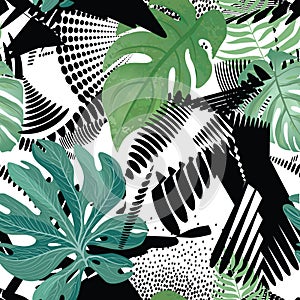 Floral seamless pattern. Tropical leaves over abstract painting art background. Flourish wallpaper