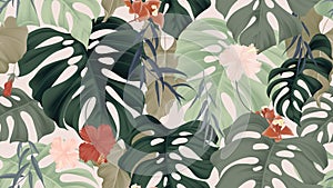 Floral seamless pattern, tropical plants, split-leaf Philodendron plant, hibiscus flowers, Weeping Willow leaves and Bougainvillea photo