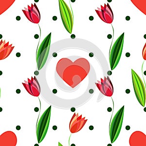 Floral seamless pattern with tulips and hearts on the white background with green circles