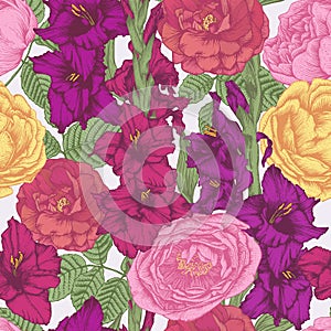 Floral seamless pattern with violet and purple gladiolus flowers, crimson and yellow roses