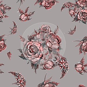 Floral seamless pattern. Watercolor flowers. Roses, peonies, lilacs. Vintage bouquets of flowers. Wedding bouquet. Pastel color. G