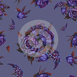 Floral seamless pattern. Watercolor flowers. Roses, peonies, lilacs. Vintage purple blue flower bouquets. Wedding bouquet. Pastel