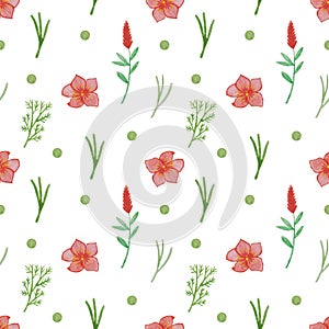 floral seamless pattern with watercolor leaves and flowers on white background
