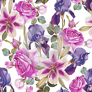 Floral seamless pattern with watercolor lilies, purple roses and violet iris