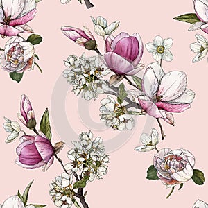 Floral seamless pattern with watercolor magnolia, peonies, anemones and cherry blossom