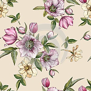 Floral seamless pattern with watercolor narcissus and hellebore