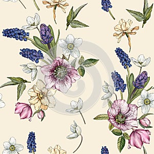 Floral seamless pattern with watercolor narcissus, muscari and hellebore